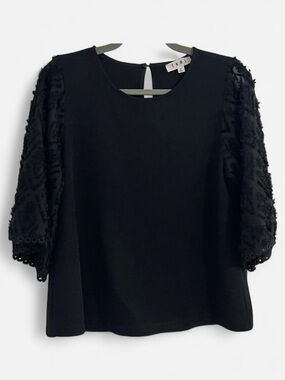 THML Black Ribbed Blouse, Textured + Sheer Sleeves with Lace Trim